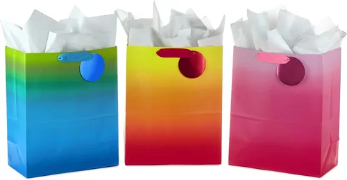 Vista 8 de Hallmark Surtido de bolsas de regalo iridiscentes grandes de 13 pulgadas (3 bolsas: gradiente de arco iris - azul/verde, oro/plata, morado/rojo)