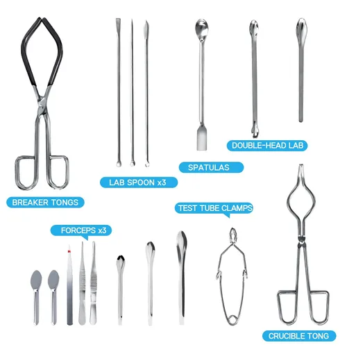 Vista 3 de Juego de herramientas de laboratorio de química, acero inoxidable Crucible tongs, lab spatula scoop, U shape spoon, test tube clamp, forceps