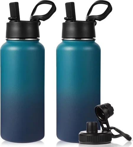 Vista 14 de Neihepal Botella de agua aislada de 32 onzas con 2 tapas (tapa con pajilla y boquilla), botellas de agua de doble pared de acero inoxidable 18/8
