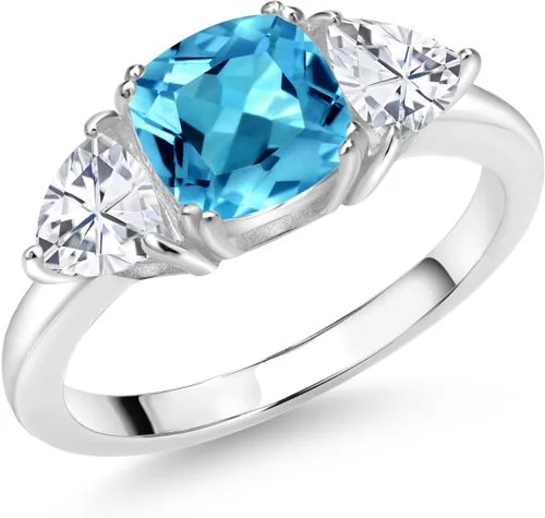 Vista 43 de 925 Sterling Silver Gemstone Birthstone and White Moissanite 3-Stone Engagement Ring for Women 7MM Cushion and 5MM Trillion Accents Three Stone