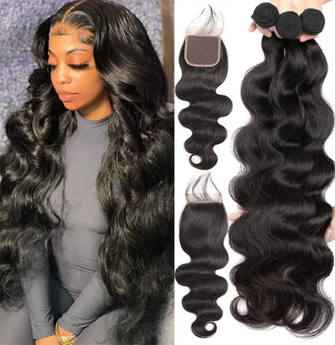 Vista 16 de Paquetes de Ondas Corporales con Cierre para Mujeres Negras (10 12 14+10) 100% Cabello Humano Brasileño de Ondas Corporales Sin Procesar 3 Paquetes