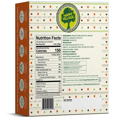 Vista 6 de Happy Village Barra orgánica de higo y nueces, APRICOT, solo 3 ingredientes, sin gluten, sin azúcar añadida, Kosher, sin OMG, vegana, buena fuente
