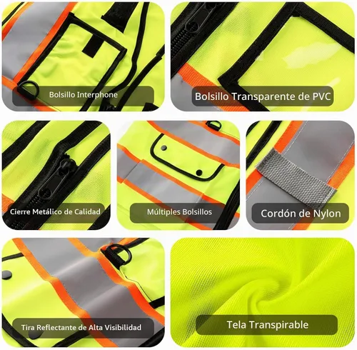 Vista 5 de Chaleco Reflectante Clase 2 de Seguridad ANSI con Bolsillos y Cremallera de Alta Visibilidad Uniforme de Construcción D-amarillo-1pack-personalizado