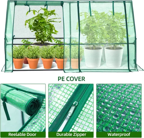 Vista 2 de Ohuhu Mini invernadero portátil, invernaderos de 71 x 36 x 36 pulgadas para exteriores con puertas dobles grandes con cremallera y estacas de Verde