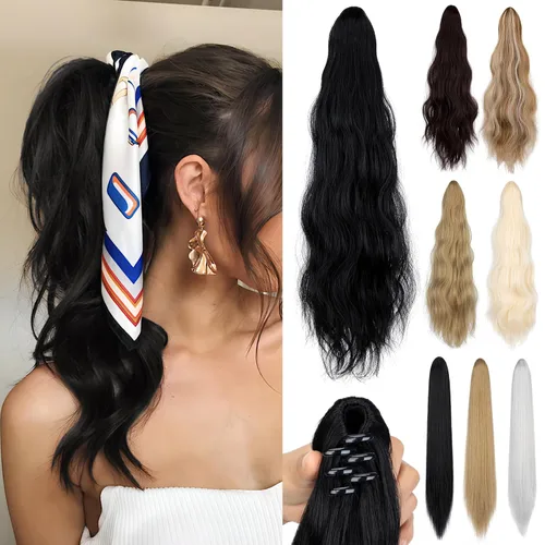 Vista 8 de Extensión de cola de caballo de 22 pulgadas y 24 pulgadas de largo, ondulado y lacio, extensiones de cabello sintético de aspecto natural