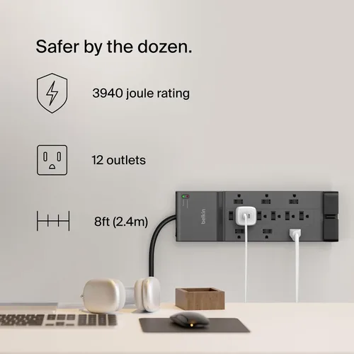 Vista 3 de Belkin - Tira de alimentación con protector contra sobretensiones - 12 tomas múltiples de CA & cable de extensión resistente de 8 pies de largo