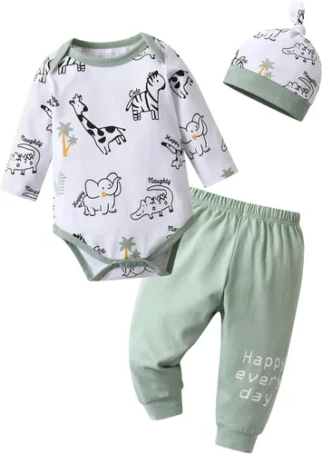 Vista 63 de Conjunto de 3 piezas de ropa de bebé recién nacido con estampado de manga larga + pantalones + sombrero