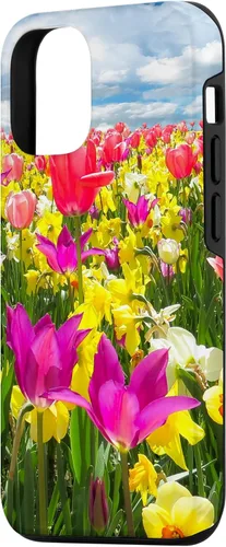 Vista 2 de iPhone 15 Pretty Flowers Tulipanes y narcisos en un caso de campo
