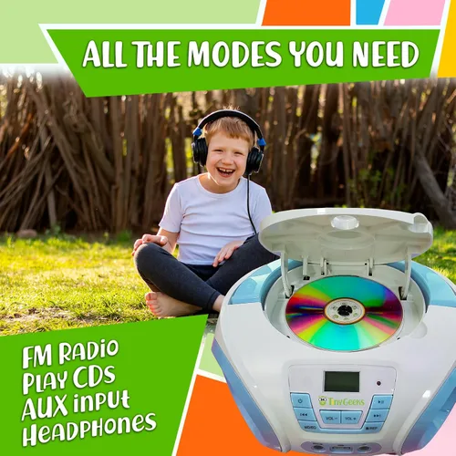 Vista 3 de TinyGeeks Tunes Reproductor de CD para niños Boombox - NUEVO 2023 - Radio FM - Baterías incluidas - Linda radio CD blanca con altavoces para niños