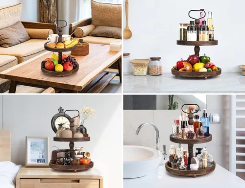 Vista 3 de Bandejas decorativas de madera de granja de dos niveles + bandeja de piel sintética, soporte de madera de 2 niveles para centro de mesa rústica
