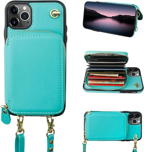 Vista 11 de Bocasal Funda tipo cartera cruzada para iPhone 11 Pro Max, funda de piel con bloqueo RFID y soporte para tarjetas, funda protectora con cremallera