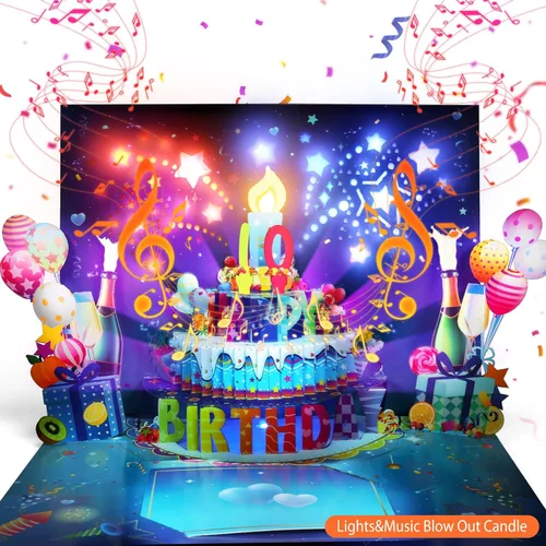 Vista 7 de Tarjeta de Cumpleaños Musical 3D, Vela de Luz LED Soplable, Tarjetas de 3D de Cumpleaños Emergentes con Números DIY 0-9, Vela de Luz LED Soplable