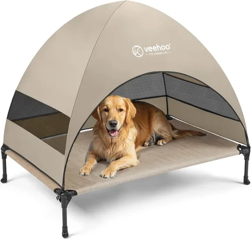 Vista 12 de Veehoo Cama para perros con dosel para exteriores, cuna elevada para mascotas con toldo extraíble y enfriamiento, pies antideslizantes, cuna elevada