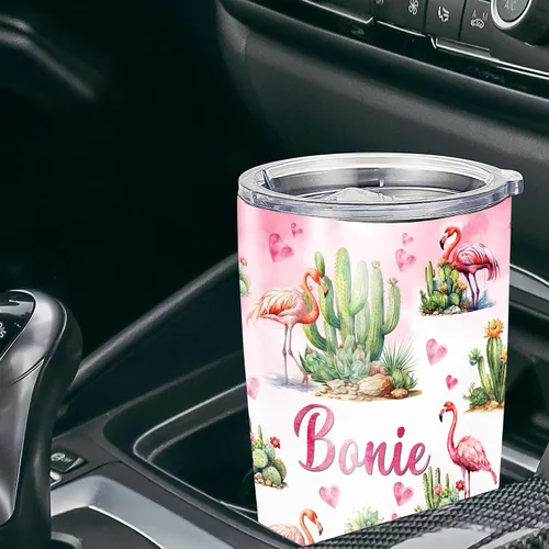 Vista 4 de Vaso de café de viaje personalizado con diseño de flamenco, tazas aisladas con tapa con nombre personalizado animal estampado floral, vasos de acero