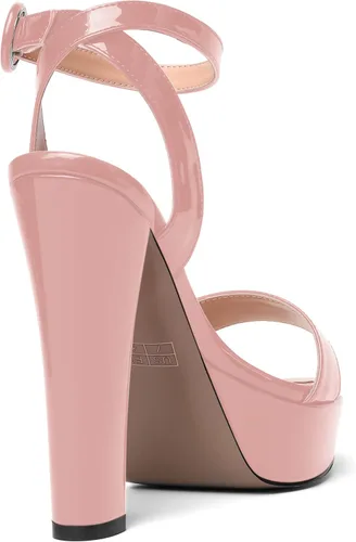 Vista 5 de Vestido de punta redonda para mujer, con hebilla de plataforma, correa de tobillo para boda, bloque sólido, tacón alto, 5 pulgadas