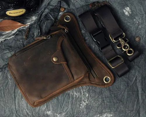 Vista 4 de Le'aokuu - Bolso de pierna para moto, de cuero genuino, para hombre, bolso tipo mensajero a la cintura), 211-1
