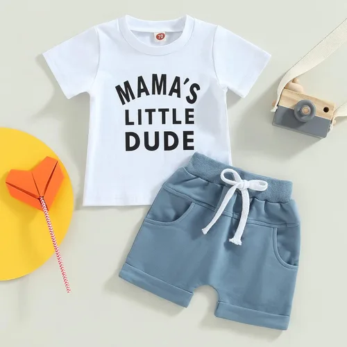 Vista 48 de Conjunto de traje de verano para bebé niño pequeño, manga corta, cuello redondo, letras impresas, lindo traje de verano, conjunto de 2 piezas