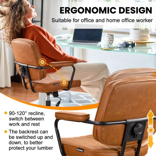 Vista 3 de Silla de oficina moderna de mediados de siglo, silla de escritorio ergonómica de piel sintética con ruedas y brazos, silla giratoria ajustable