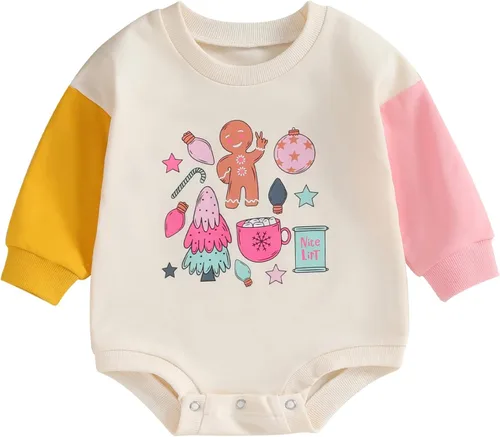 Vista 8 de Lamuusaa Traje de Navidad para bebé recién nacida, manga larga, bloque de color, sudadera de gran tamaño, ropa de otoño