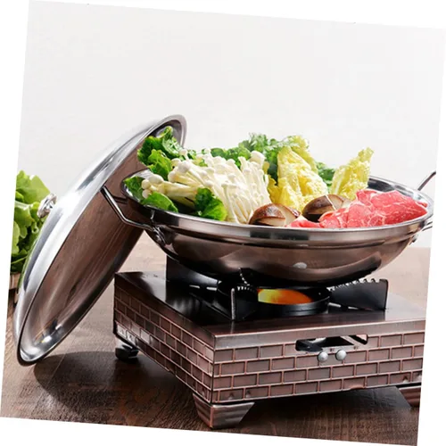 Vista 8 de UPKOCH Olla de cocina de acero inoxidable chino Shabu Shabu olla caliente doble mango salsa antiadherente con tapa pequeña stock, 9 pulgadas