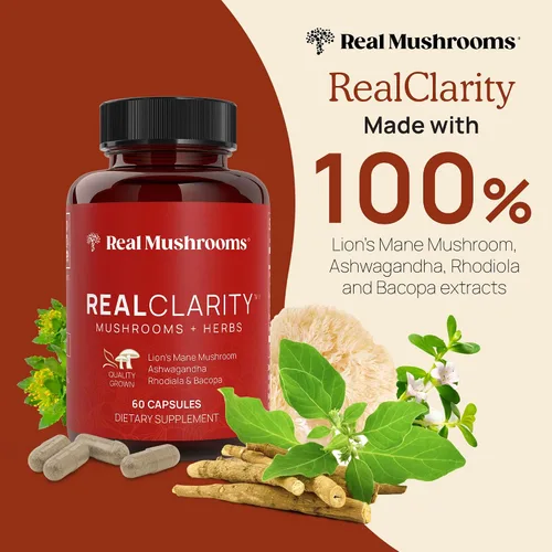 Vista 2 de Real Mushrooms RealClarity (60 unidades) y melena de león (120 unidades) cápsulas con Cordyceps en polvo, suplemento de hongos para claridad mental