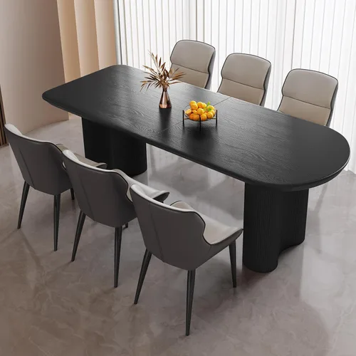 Vista 32 de Mesa de comedor negra de 55 pulgadas, una mesa rectangular de extremo redondeado con patas de diseño ondulado para cocina, comedor, oficina en casa
