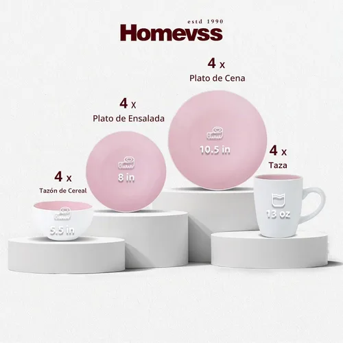 Vista 2 de HomeVss - juego de vajilla de gres en forma de cupé, blanca en el exterior + interior Rosa