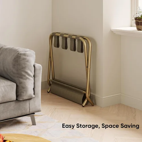 Vista 3 de Smart FENDEE Portaequipajes dorado para habitación de invitados, soporte plegable para maleta con estante de almacenamiento, soporte de equipaje
