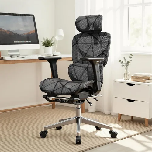 Vista 2 de Silla de oficina con soporte lumbar ajustable 3D, silla ergonómica para computadora, reposacabezas y reposabrazos ajustables, capacidad de 400