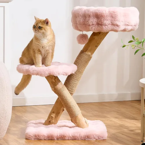 Vista 10 de Árbol para gatos de madera natural para gatos adultos de interior, torre de gatos moderna de 33 pulgadas con cama de felpa súper suave y percha