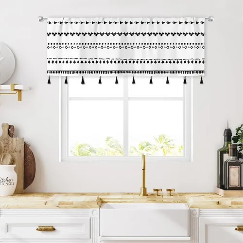 Vista 6 de MESHELLY Boho Kitchen Curtains 27.5Wx39H Inch Rod Pocket Black and White Modern Abstract Minimalist Geometric Tassels Chic Bedroom Window Drapes