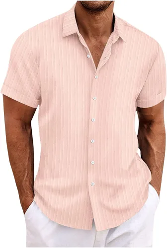 Vista 8 de Ctreela Camisa cubana de lino de manga corta para hombre, ligera, con botones, guayabera, camisas de trabajo casuales con cuello vuelto