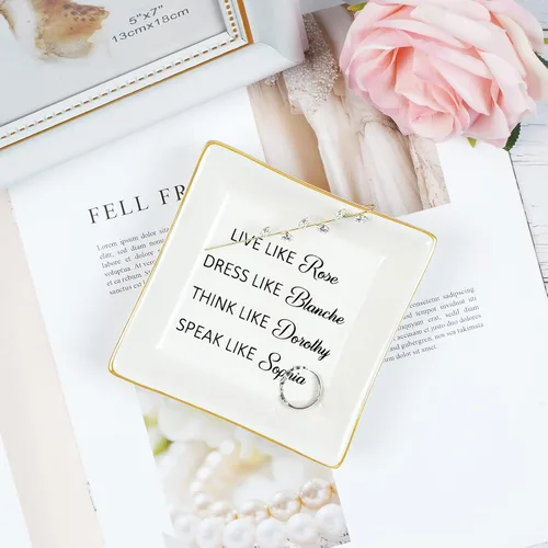 Vista 4 de Plato para anillos de regalo para niñas doradas, regalos de amistad, regalos divertidos de cumpleaños para mujeres, Live Like Rose Dress Like
