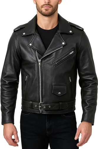 Vista 2 de LP-FACON Chaqueta de cuero para motocicleta con insignias vintage para hombre, chaqueta acolchada con armadura de rayas retro Chaqueta de cuero