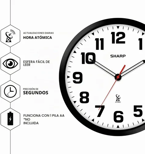 Vista 3 de Sharp - Reloj de pared atómico de 12 pulgadas, funciona con pilas, color blanco con marco negro