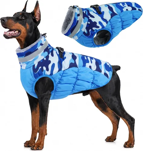 Vista 21 de Lelepet Abrigo cálido para perro, abrigo de invierno para perro, chaqueta impermeable para perros con arnés integrado reflectante de forro polar