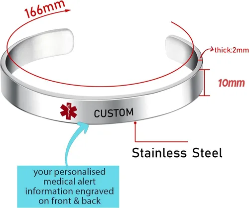 Vista 24 de LoEnMe Jewelry Pulseras de alerta médica personalizadas para hombres y mujeres, personalizable, grabado gratuito, acero inoxidable, pulsera