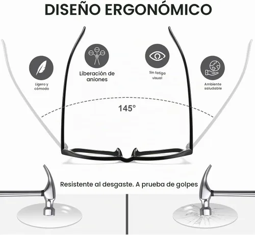 Vista 5 de Lentes de lectura para mujer, con bloqueo de luz azul, filtro UV, cuadrados, ligeros, para hombres y mujeres Negro claro