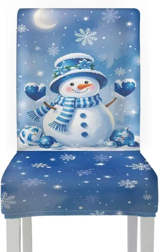 Vista 2 de HUGS IDEA Juego de 2 fundas para sillas de comedor con diseño de muñeco de nieve azul para silla Parsons, de elastano, lavables, antipolvo