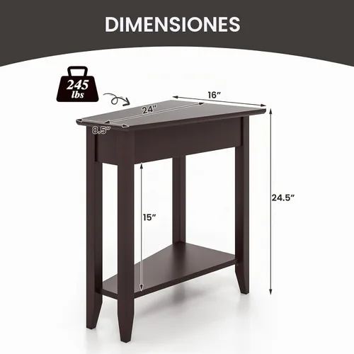 Vista 3 de GOFLAME Mesa auxiliar de cuña de 2 niveles, mesa auxiliar triangular estrecha con estante de almacenamiento, patas de madera maciza, mesita