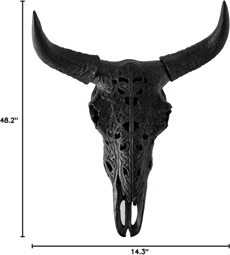 Vista 8 de OTARTU Escultura para colgar en la pared, diseño tribal negro, diseño tallado con calavera de buey de 19 pulgadas, arte de decoración de pared
