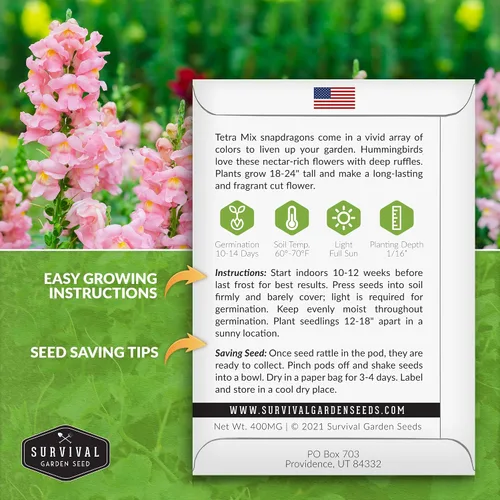 Vista 2 de Survival Garden Seeds - Semillas de mezcla de tetra Snapdragon para plantar - Paquete con instrucciones para plantar y cultivar hermosas flores