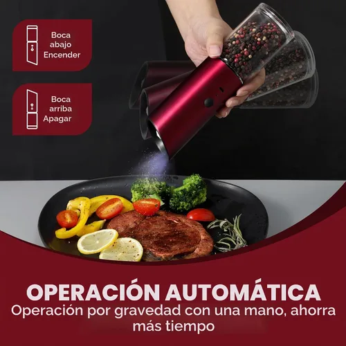Vista 7 de Vzaahu Gravity - Molinillo eléctrico de pimienta y sal - Juego de 2 molinillo de sal y pimienta recargable de acero inoxidable con luz LED Rojo