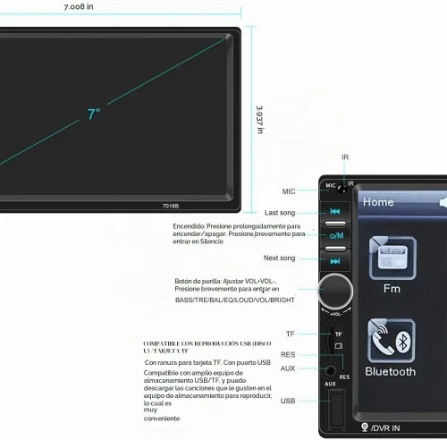 Vista 7 de Camecho Radio de coche doble DIN estéreo para coche de 7 pulgadas, pantalla táctil LCD en el tablero con soporte Bluetooth espejo