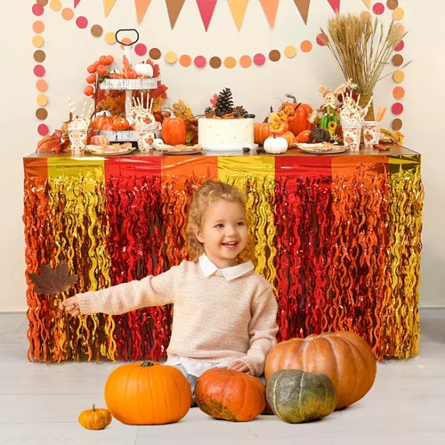 Vista 2 de Decoraciones para fiestas de otoño Mega-L, paquete de 2 faldas de mesa rojas, naranjas y doradas