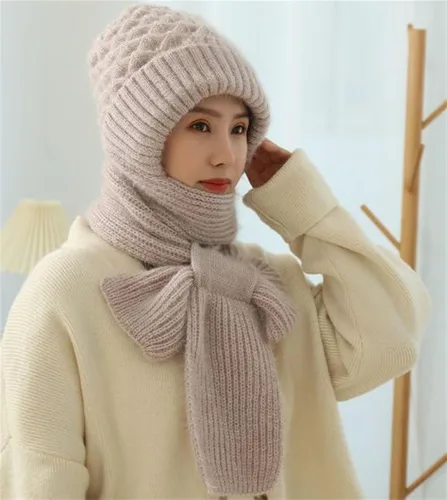 Vista 8 de Bufanda integrada de protección de oído resistente al viento, gorro de punto elástico cálido para mujer, bufanda con capucha para invierno