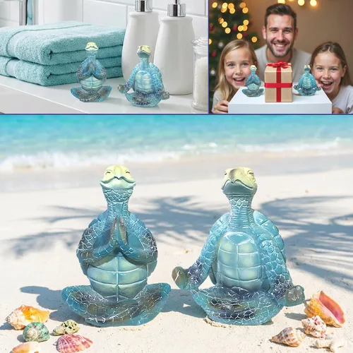 Vista 6 de Paquete de 2 figuras de tortuga marina de yoga, estatua de escritorio de meditación de resina con base antideslizante, temática del océano zen