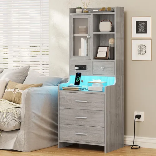 Vista 7 de ADORNEVE - Mesita de noche alta con estación de carga y luces LED, mesita de noche de 49.2" con estantería, estante ajustable con puerta de vidrio
