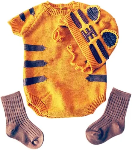Vista 2 de Gorro de bebé + ropa + calcetines) Traje de gorro de tigre para disfraz de invierno, overol de oreja de animal para 2-6 años, amarillo