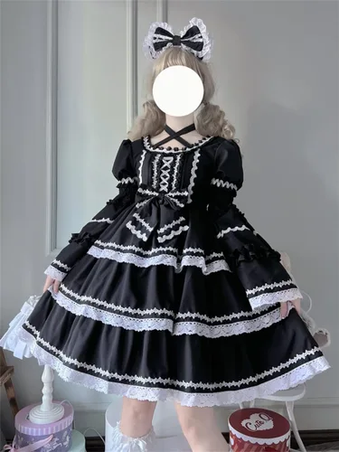 Vista 5 de Dulce Lolita Vestido de Adolescentes Kawaii Manga abullonada Encaje Escalonado Volantes Princesa Japonés Anime Cosplay Vestidos de Fiesta